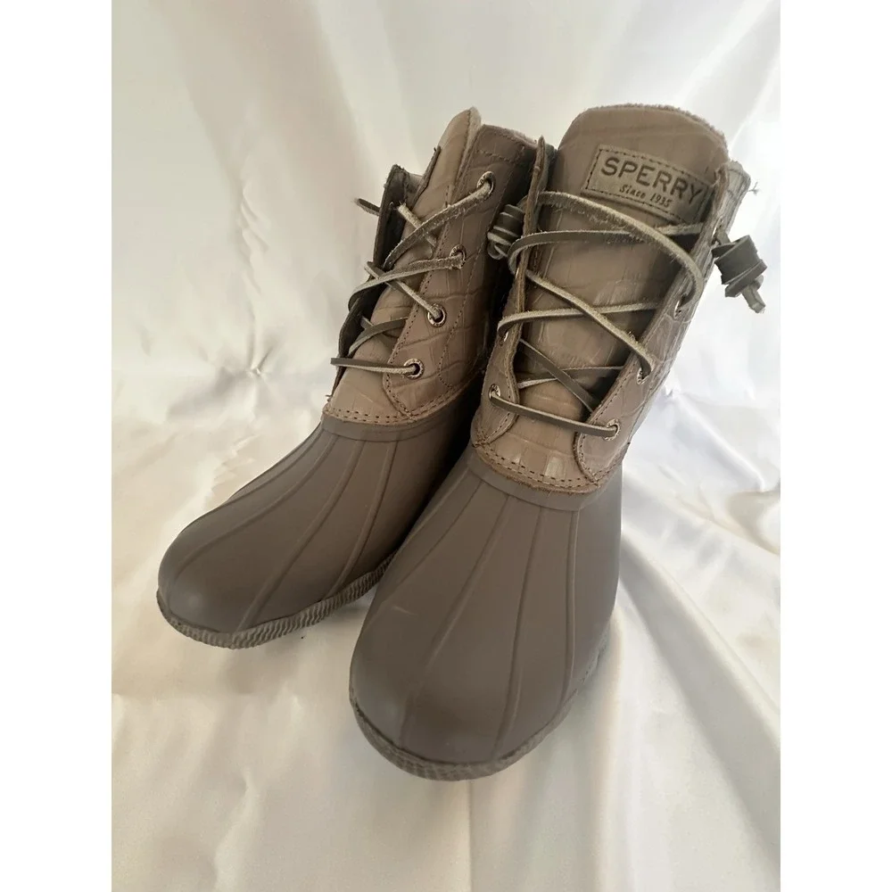 Sperry Women's Gray  Lace-Up Quilted Duck Rain Boots Ankle Round Toe 6.5